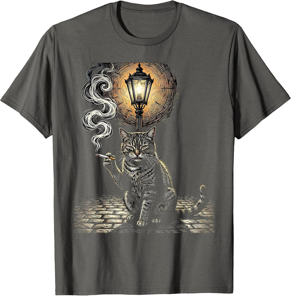 Men's Alley Cat Smoking Under Streetlamp Illustration T-Shirt - Asphalt Grey