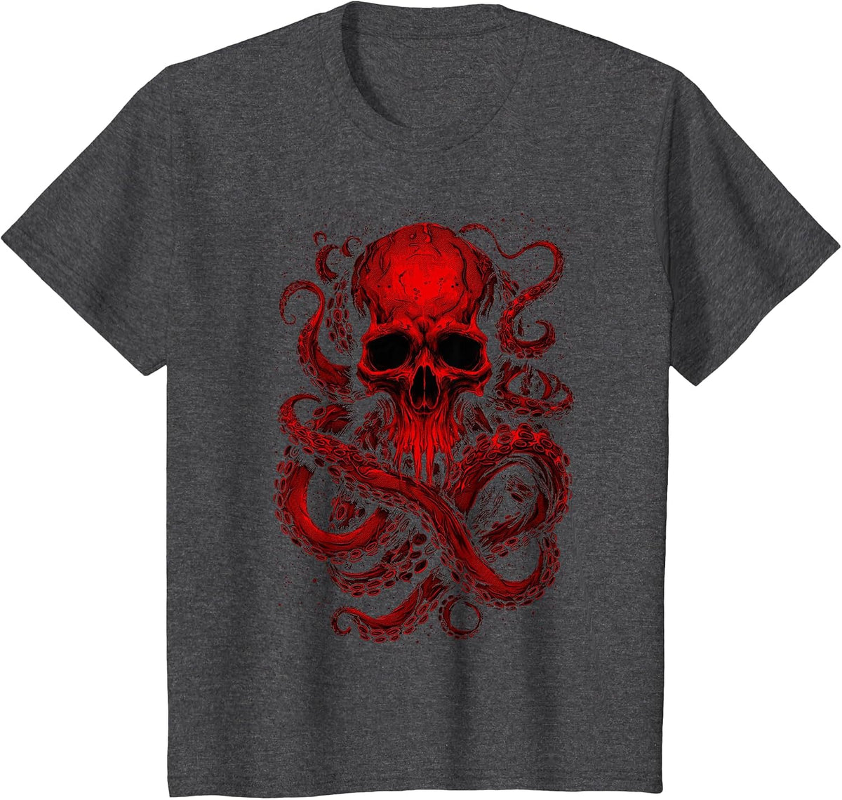 Octopus Skull Monster Red Krakens Cthulhus Cool for Men Boys T-Shirt - Dark Heather Grey