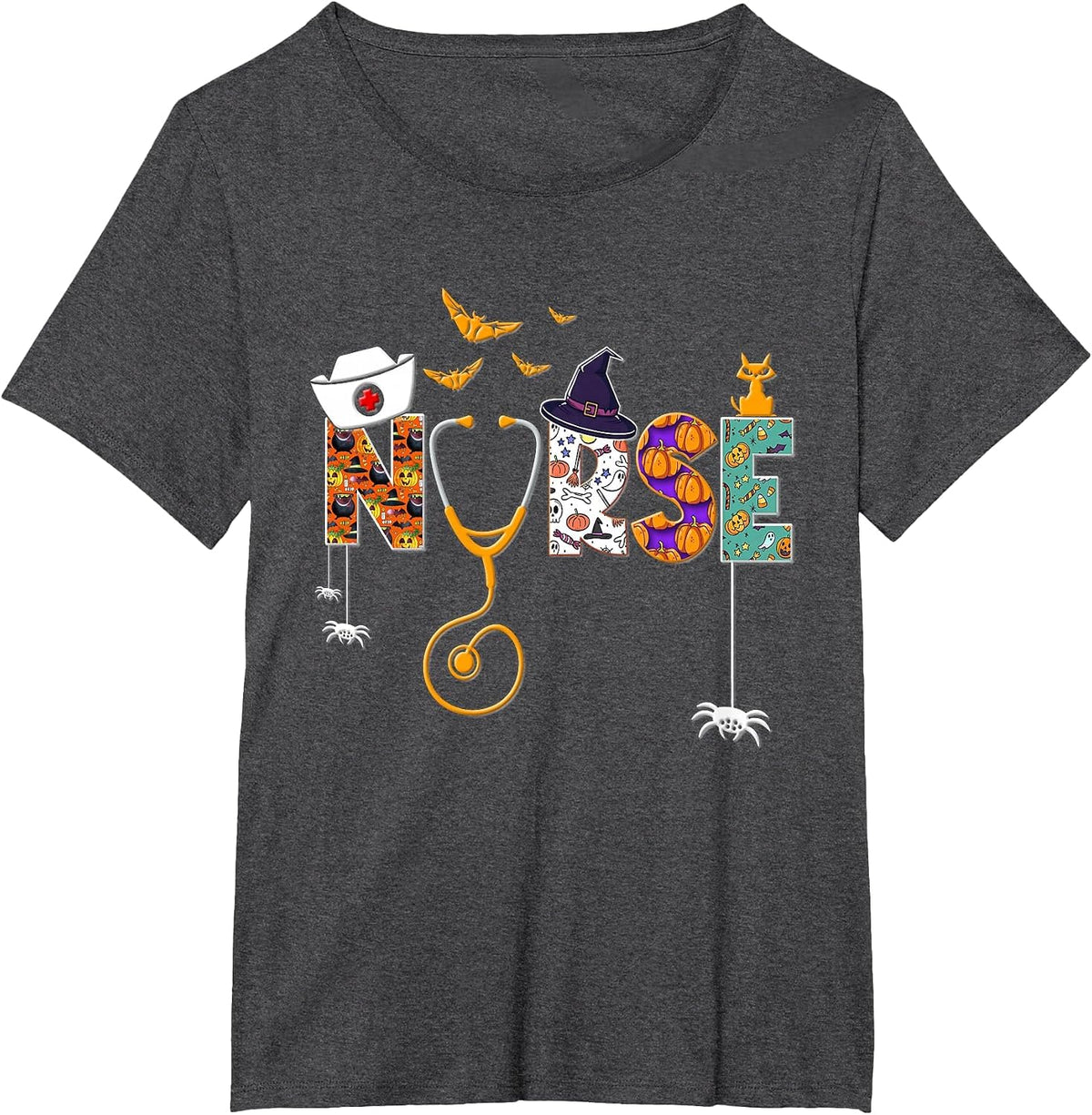 Halloween Nurse Nursing Cute Health Worker Halloween Pattern T-Shirt - Dark Heather Grey