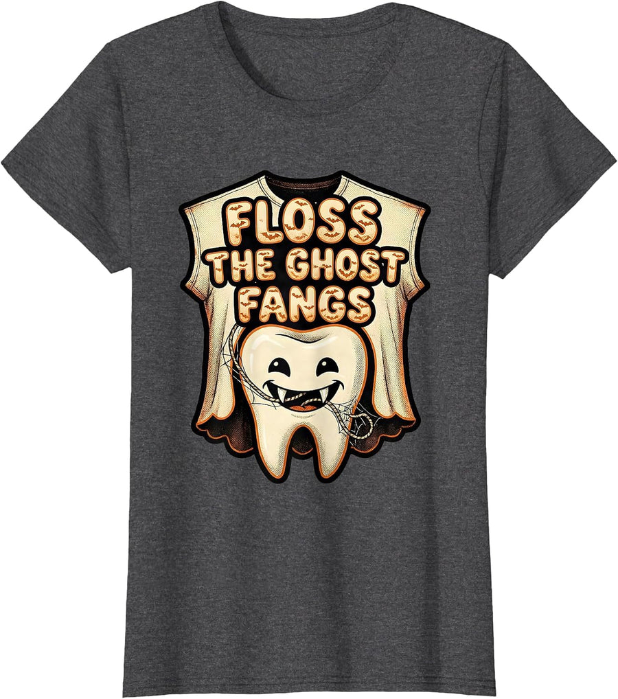 Women's Floss the Ghost Fangs Funny Dentist Halloween Dental T-Shirt - Dark Heather Grey