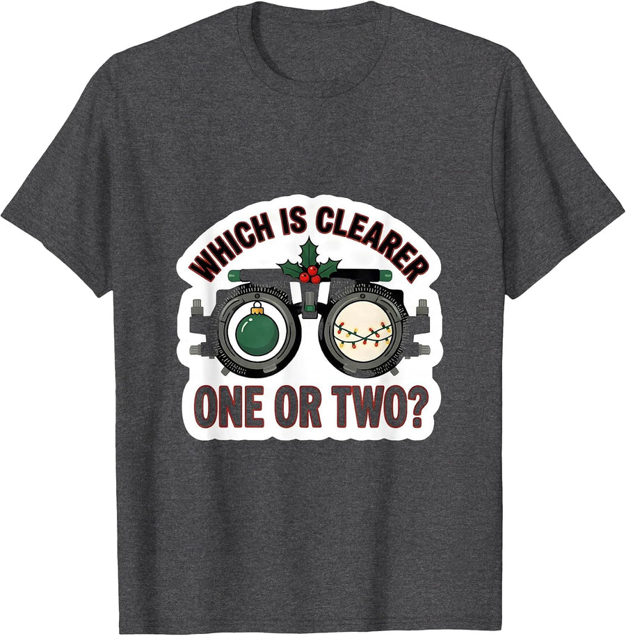 Men's Which Is Clearer, One Or Two? Funny Optometrist Eye Doctor T-Shirt - Dark Heather Grey