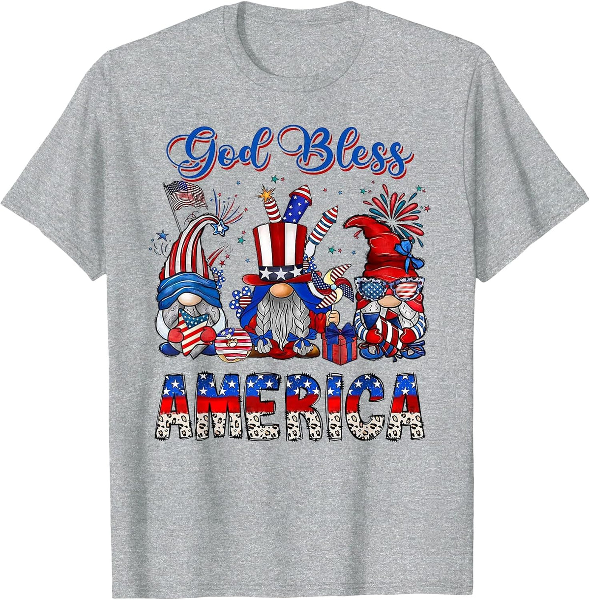 God Bless America Gnomes American Flag 4th of July Patriotic T-Shirt - Heather Grey