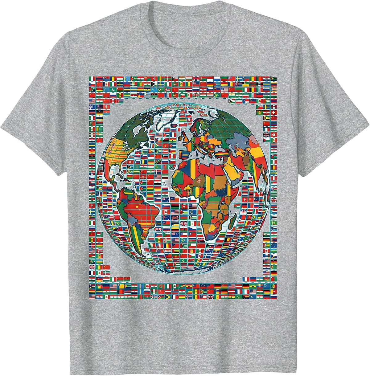 Men's World Map Flag Tiles Geography Reference Cultural Unity T-Shirt - Heather Grey