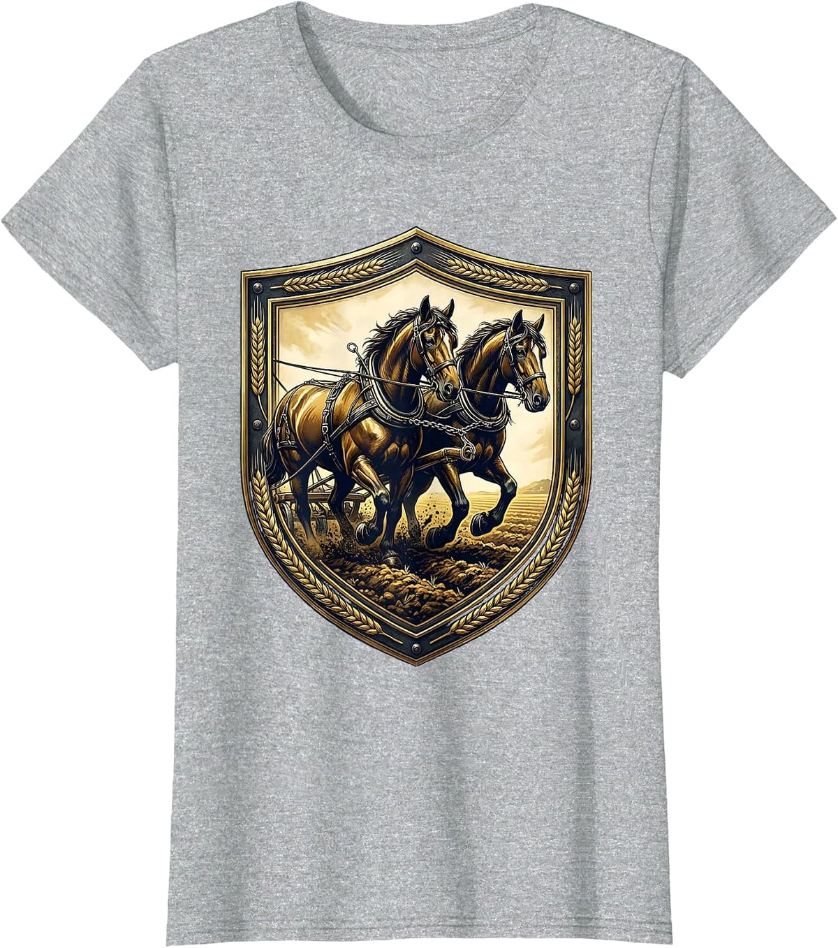 Draft Horses Pulling Plow Graphic Tee T-Shirt - Heather Grey