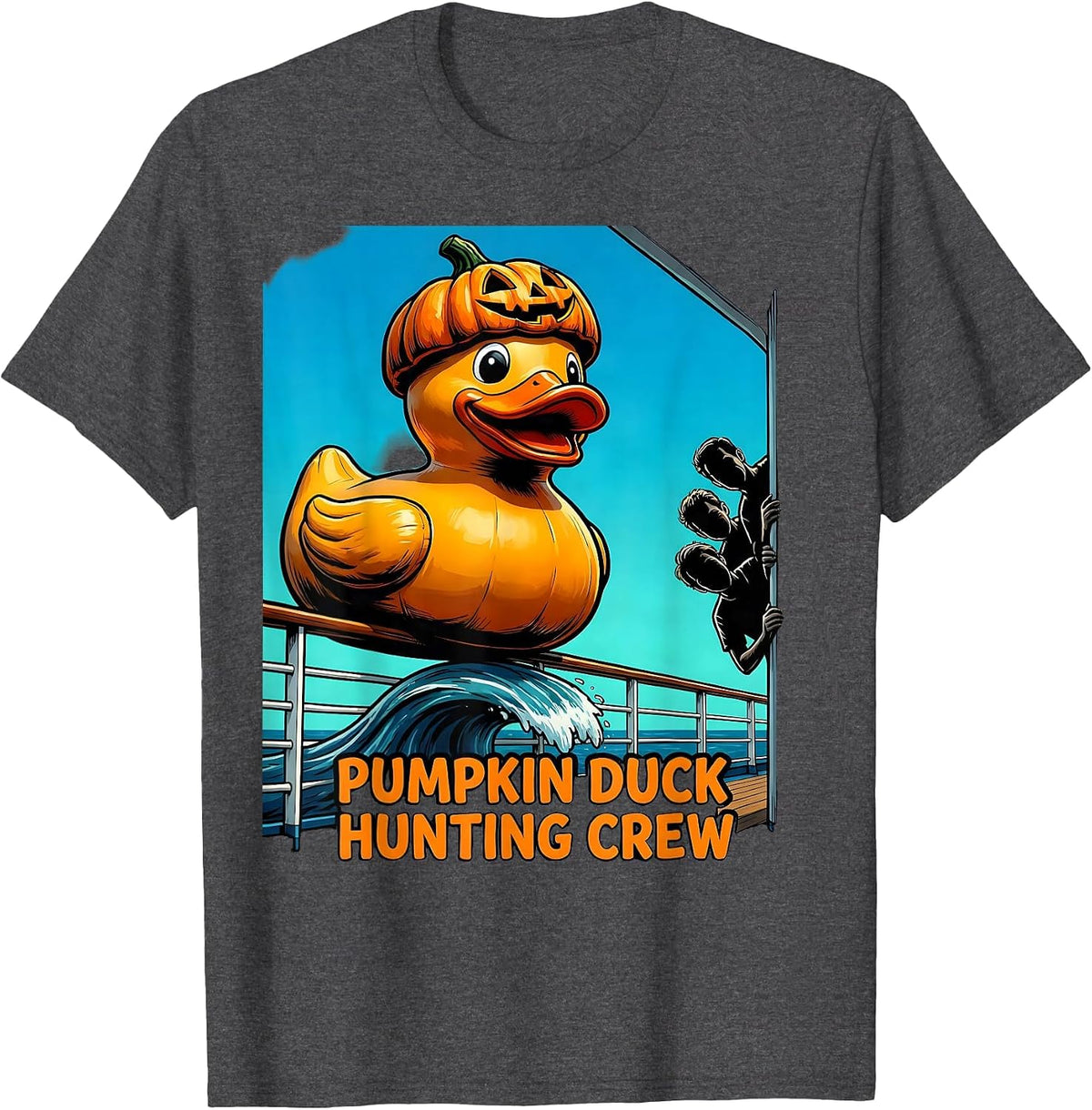 Men's Pumpkin Duck Hunting Crew Funny Halloween Cruise Squad T-Shirt - Dark Heather Grey