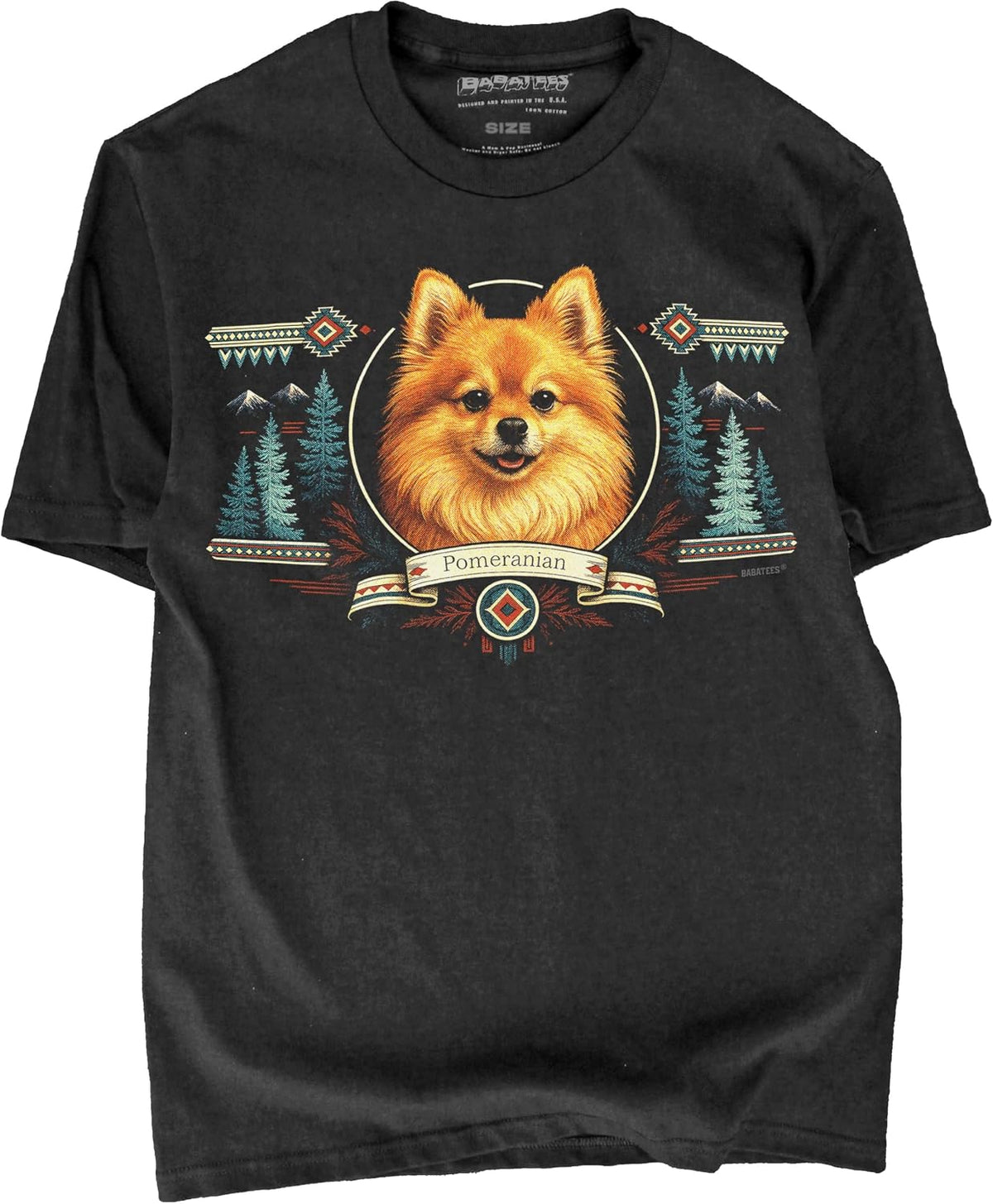 BABATEES Wilderness Inspired Dog Artwork Black Tshirt – 100% Cotton - for Men & Women - Pomeranian