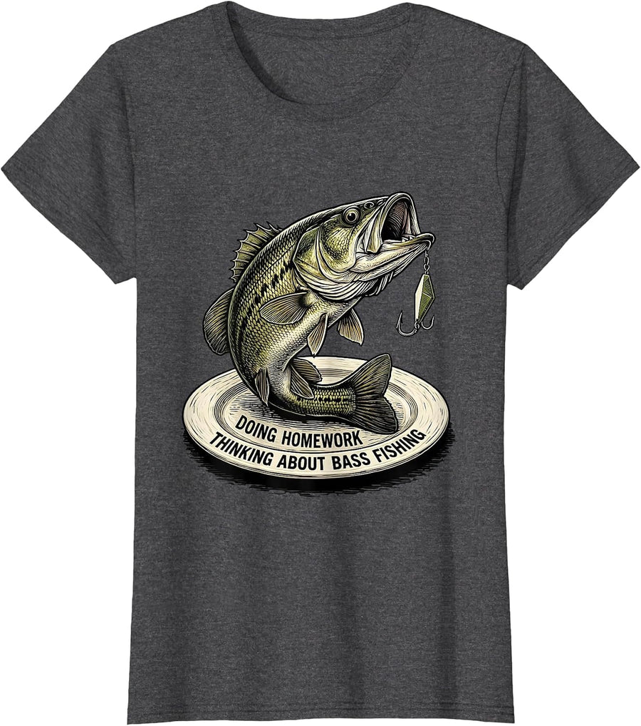 Women's Doing Homework Thinking About Bass Fishing Funny T-Shirt - Dark Heather Grey