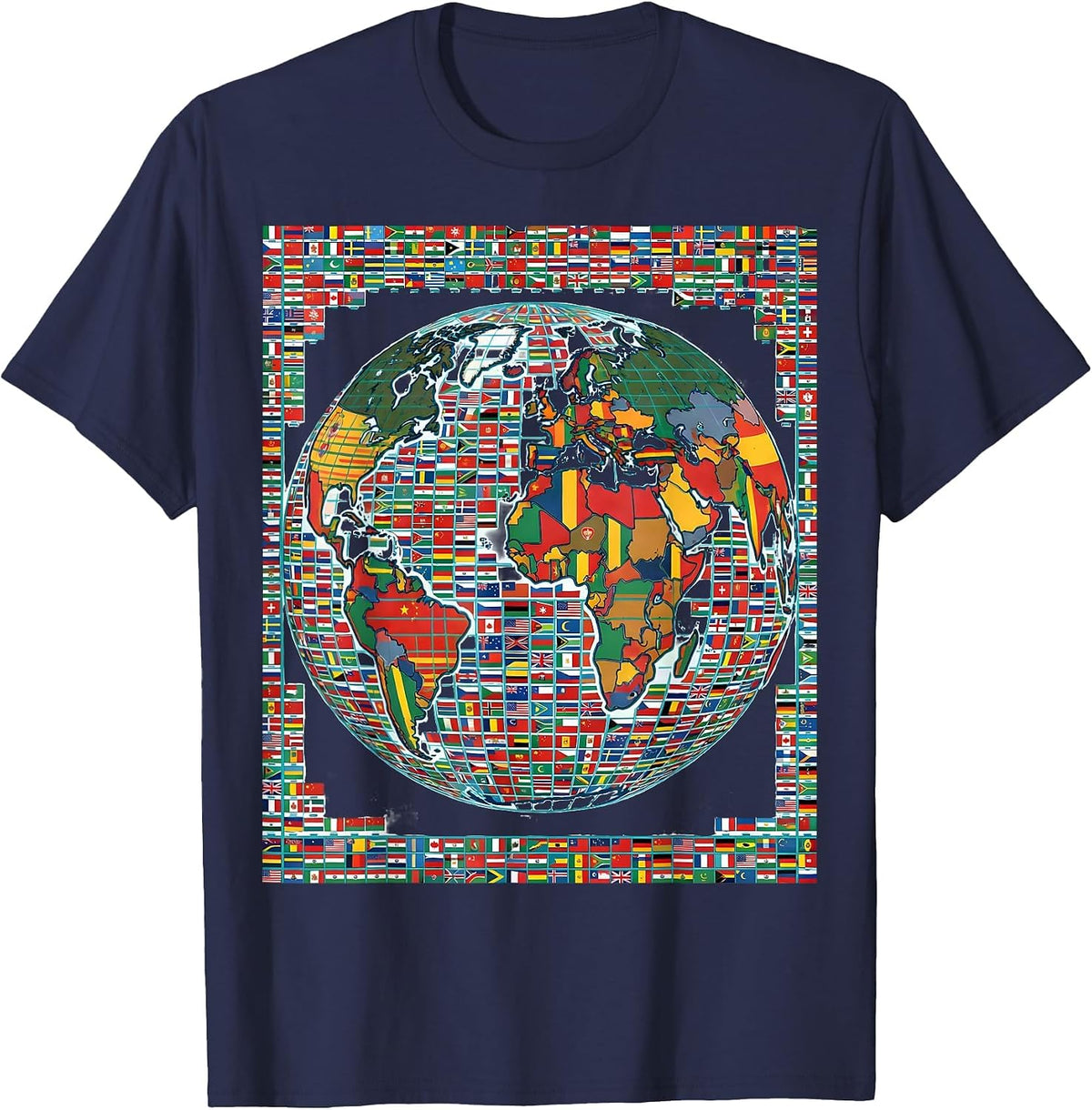 Men's World Map Flag Tiles Geography Reference Cultural Unity T-Shirt - Navy Blue