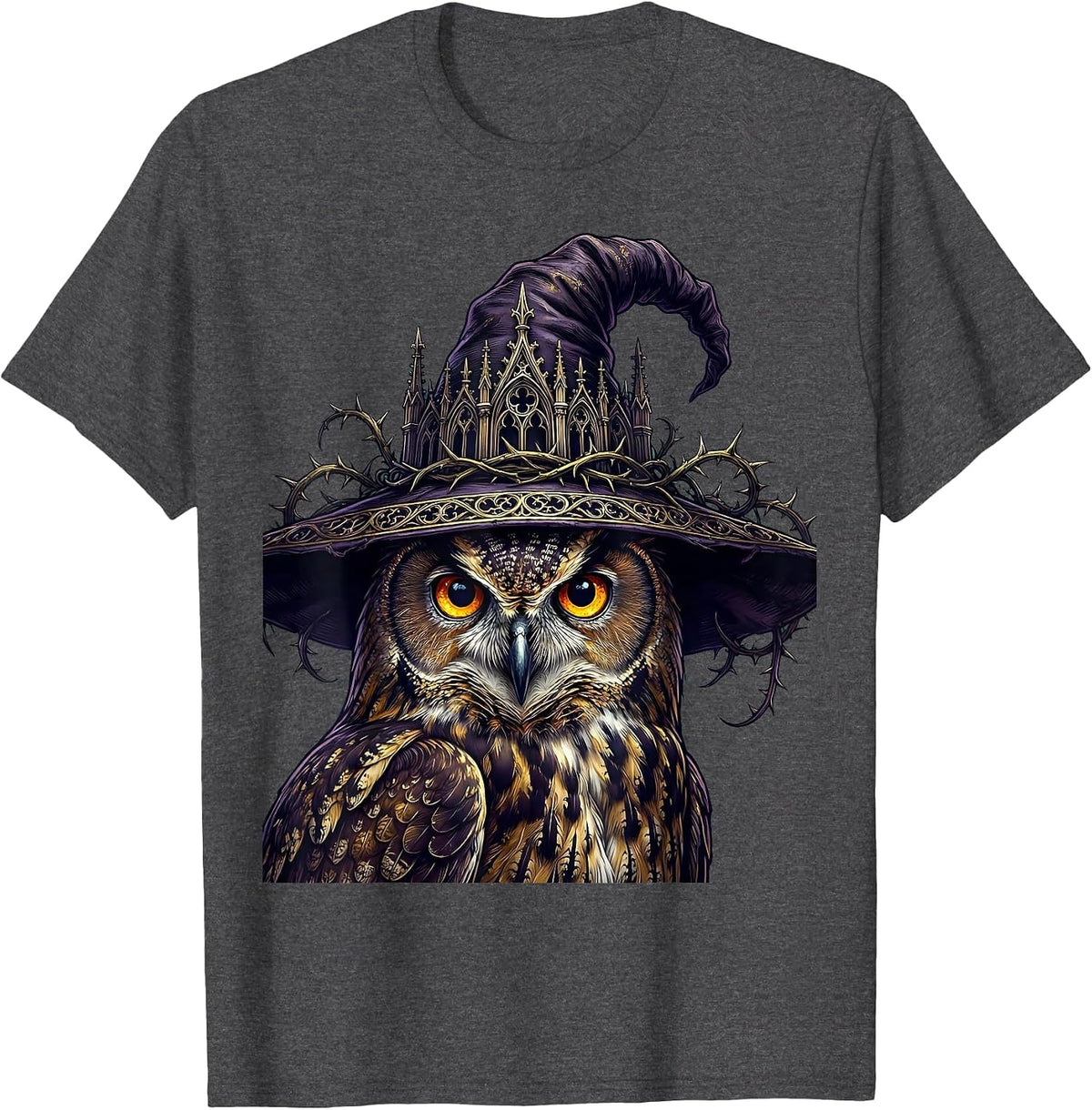 Men's Glowing Eyes Owl In Witch Hat Halloween Design T-Shirt - Dark Heather Grey
