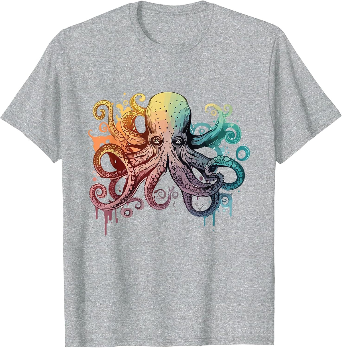Colorful Octopus Artwork - Watercolor Animal Lover Sea Diver T-Shirt - Heather Grey