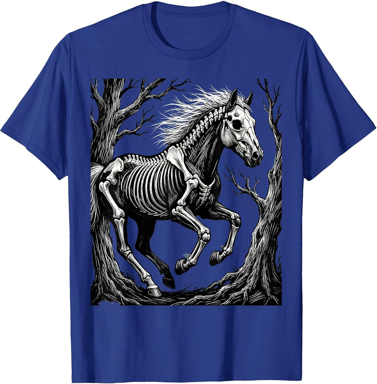 Skeleton Horse Running Through Dark Forest T-Shirt - Royal Blue