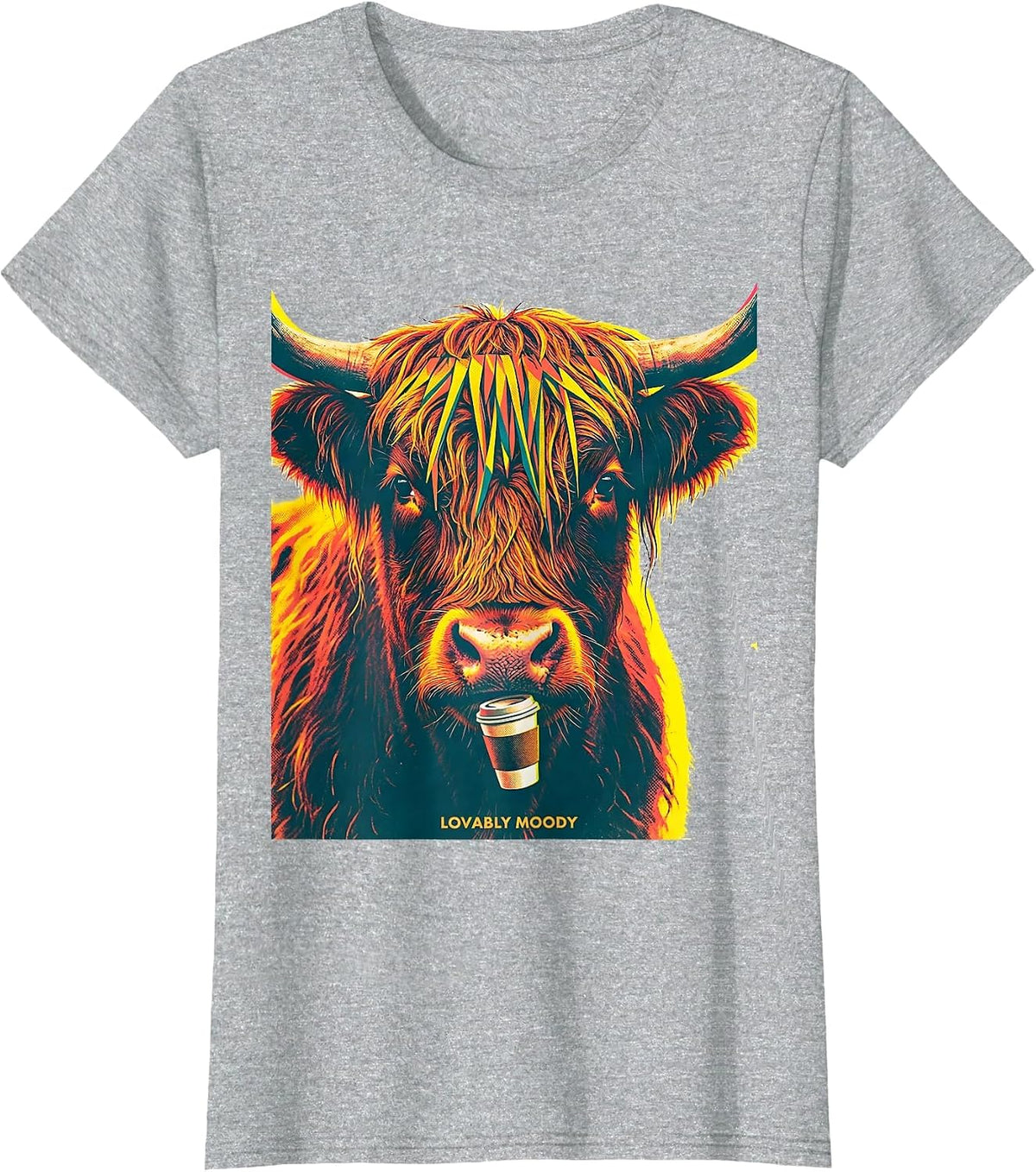 Lovably Moody Highland Cow Funny Cute Coffee Lover Graphic T-Shirt - Heather Grey