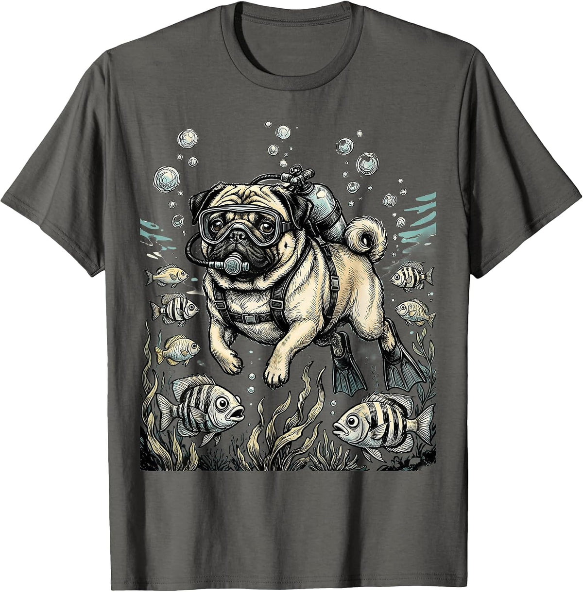 Pug Scuba Diver Underwater Adventure Graphic T-Shirt - Asphalt Grey