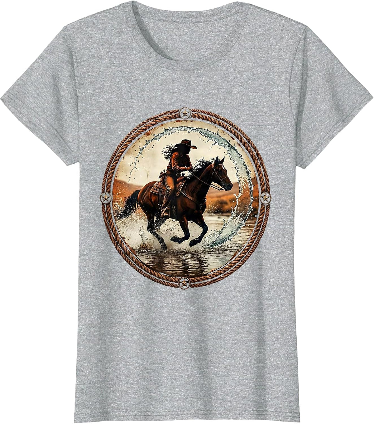 Cowgirl Riding Horse Through River Splash T-Shirt - Heather Grey