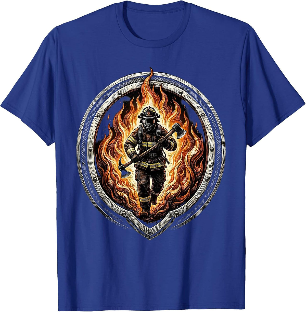 Men's Firefighter Silhouette Walking Through Flames T-Shirt - Royal Blue