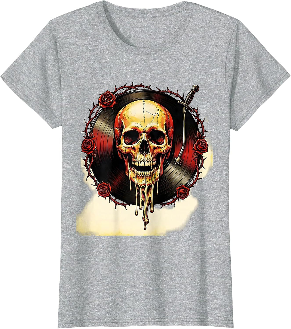 Skull Melting Into Vinyl Record Grooves Tee T-Shirt - Heather Grey