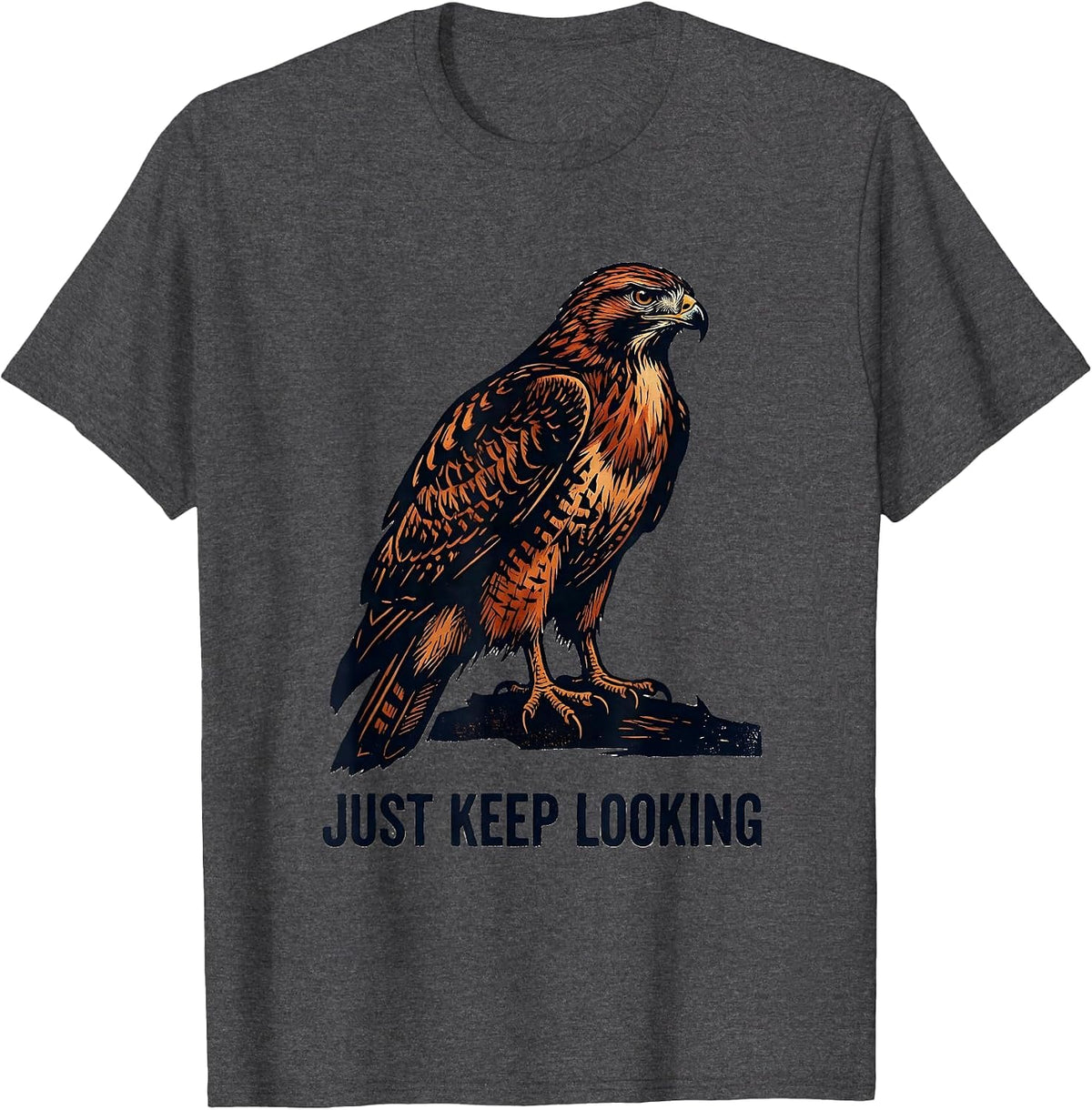 Just Keep Looking Birdwatcher Linocut Bird ID Humor T-Shirt - Dark Heather Grey