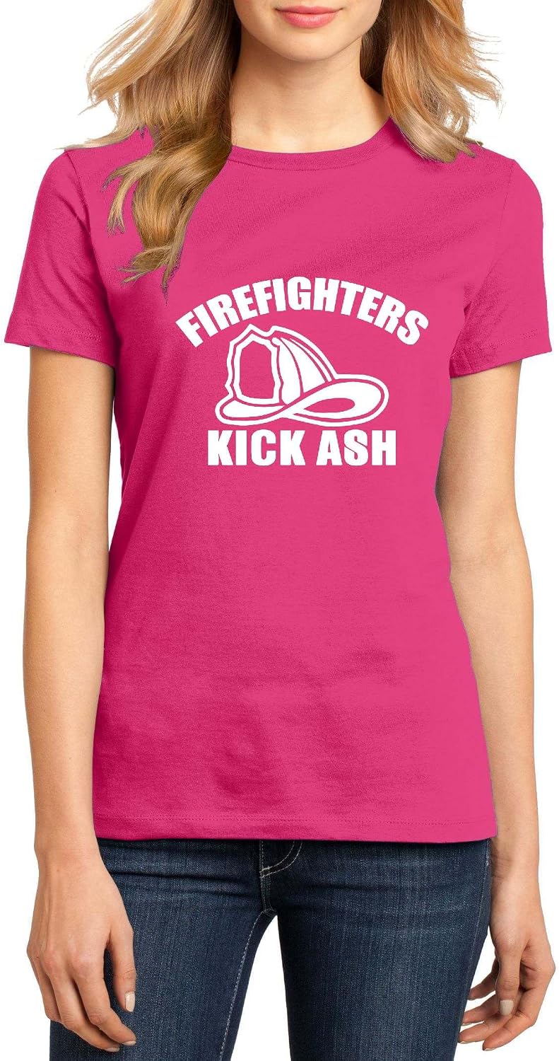 Firefighters Kick Ash Funny Firefighter Graphic Top Ringspun Cotton Tee Adult Men Women - Ladies Crew Dark Fuchsia