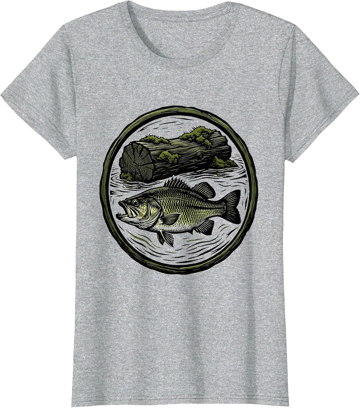 Bass Under Mossy Log Fishing Graphic Tee T-Shirt - Heather Grey