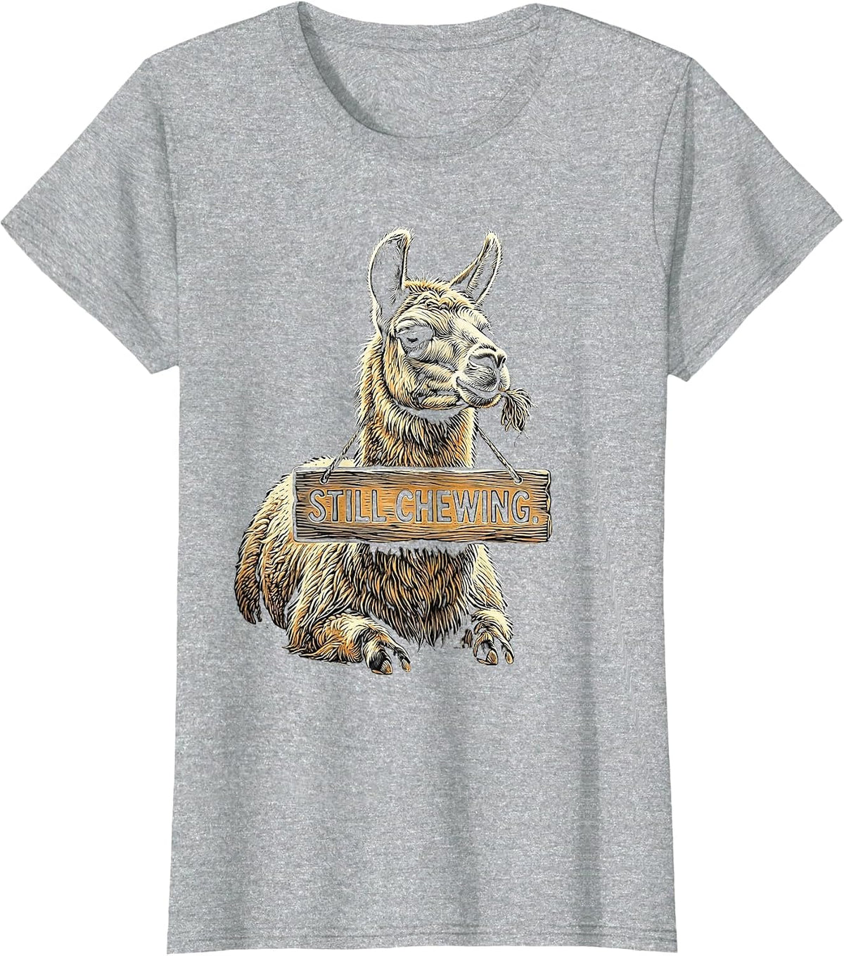 Women's Still Chewing Funny Llama Alpaca Pun Humor T-Shirt - Heather Grey