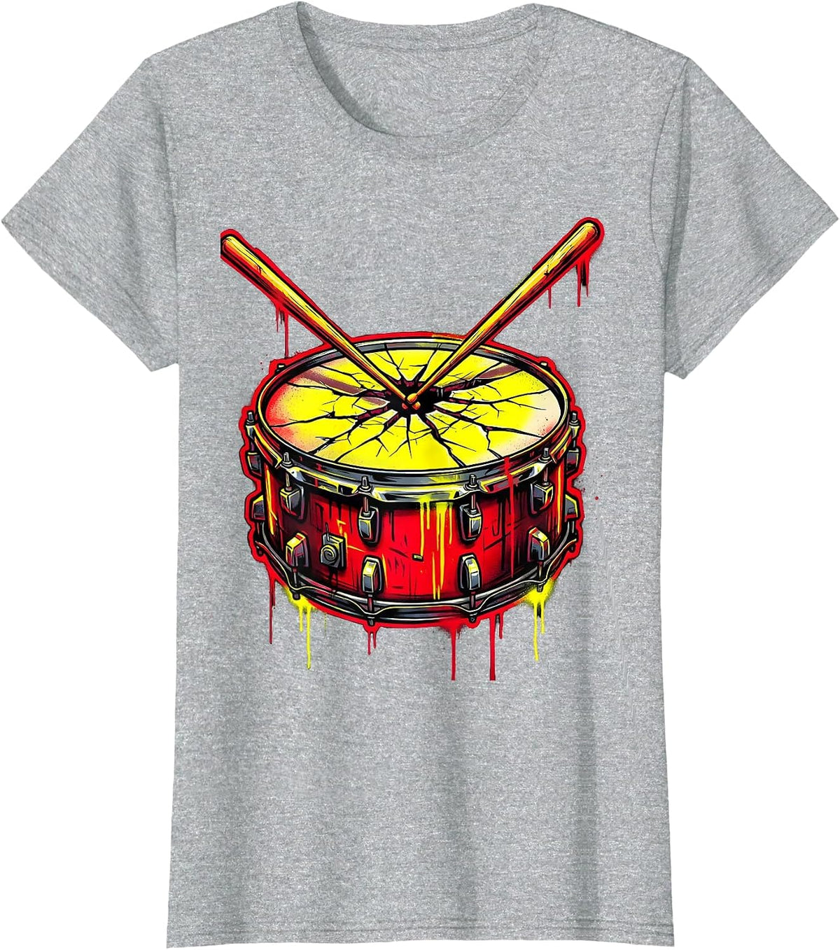 Women's Crossed Drumsticks Cracked Snare Drum Rock Graphic T-Shirt - Heather Grey