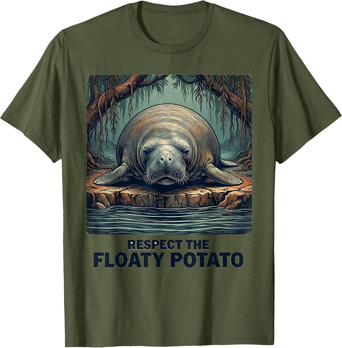 Respect The Floaty Potato Vintage Manatee Wildlife Lover T-Shirt - Olive Green