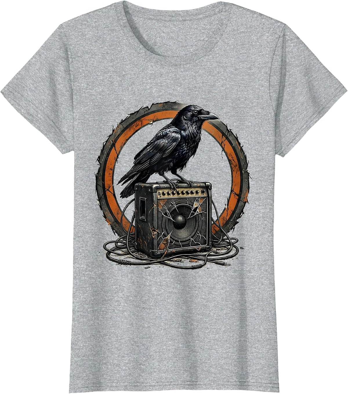 Grunge Crow on Broken Amplifier Illustration T-Shirt - Heather Grey