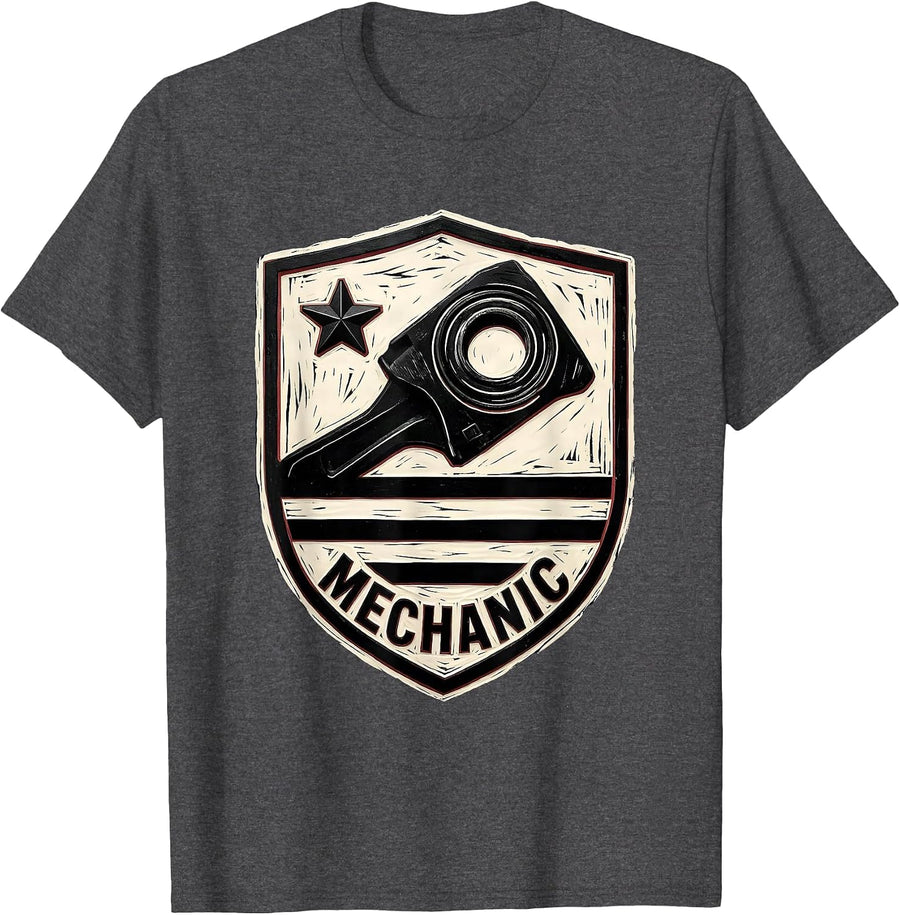Men's Mechanic Linocut American Flag Oilfield Worker Tough Labor T-Shirt - Dark Heather Grey