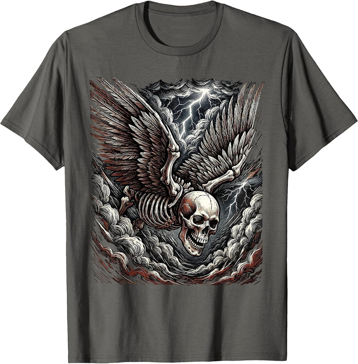 Winged Skull Storm Cloud Rock Graphic T-Shirt - Asphalt Grey