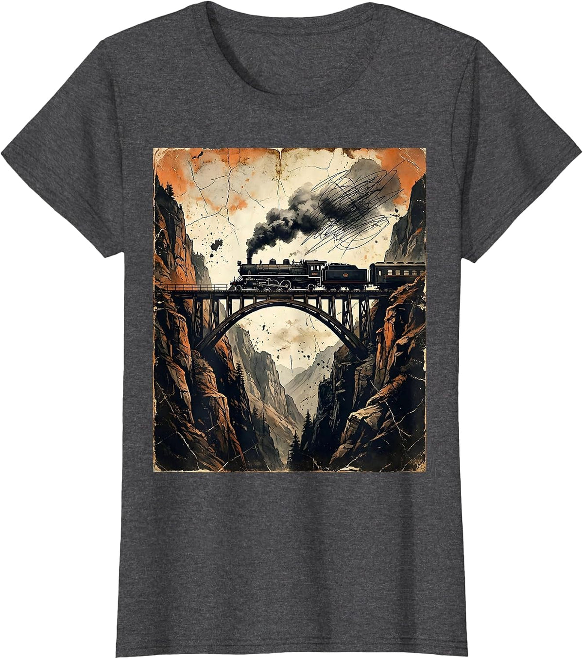 Women's Train Trestle Bridge Mountain Silhouette Graphic T-Shirt - Dark Heather Grey