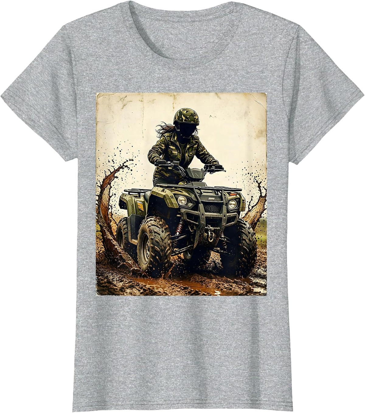 Camo Girl Four-Wheeler Mud Riding Graphic T-Shirt - Heather Grey