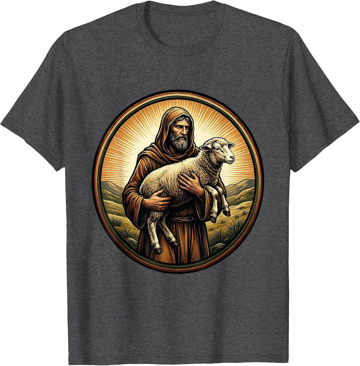 Shepherd Carrying Lost Sheep Christian Graphic T-Shirt - Dark Heather Grey