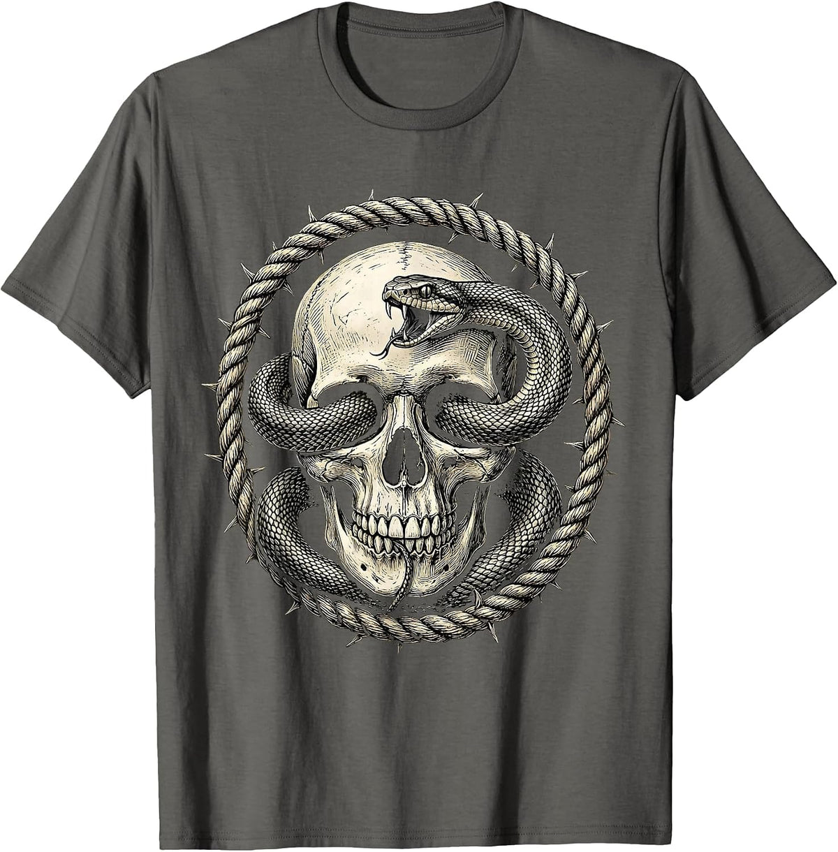 Snake Through Skull Eye Sockets Dark Art Design T-Shirt - Asphalt Grey