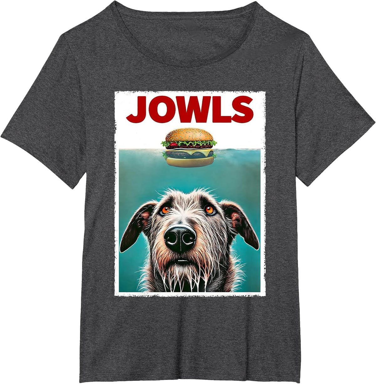 Funny Irish Wolfhound and Hamburger Parody Jowls Dog Lover T-Shirt - Dark Heather Grey
