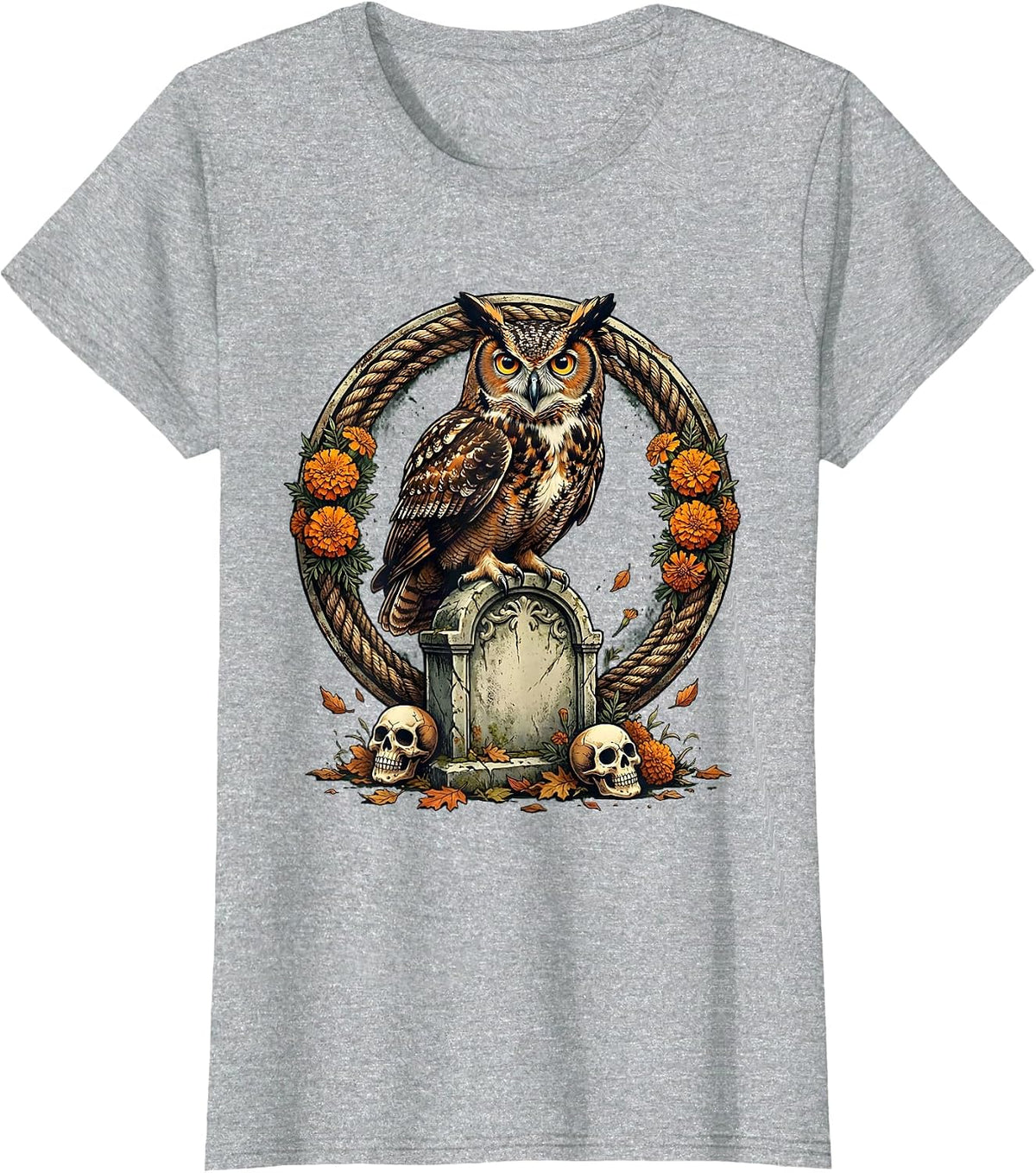 Women's Day of the Dead Owl on Gravestone Night Design T-Shirt - Heather Grey