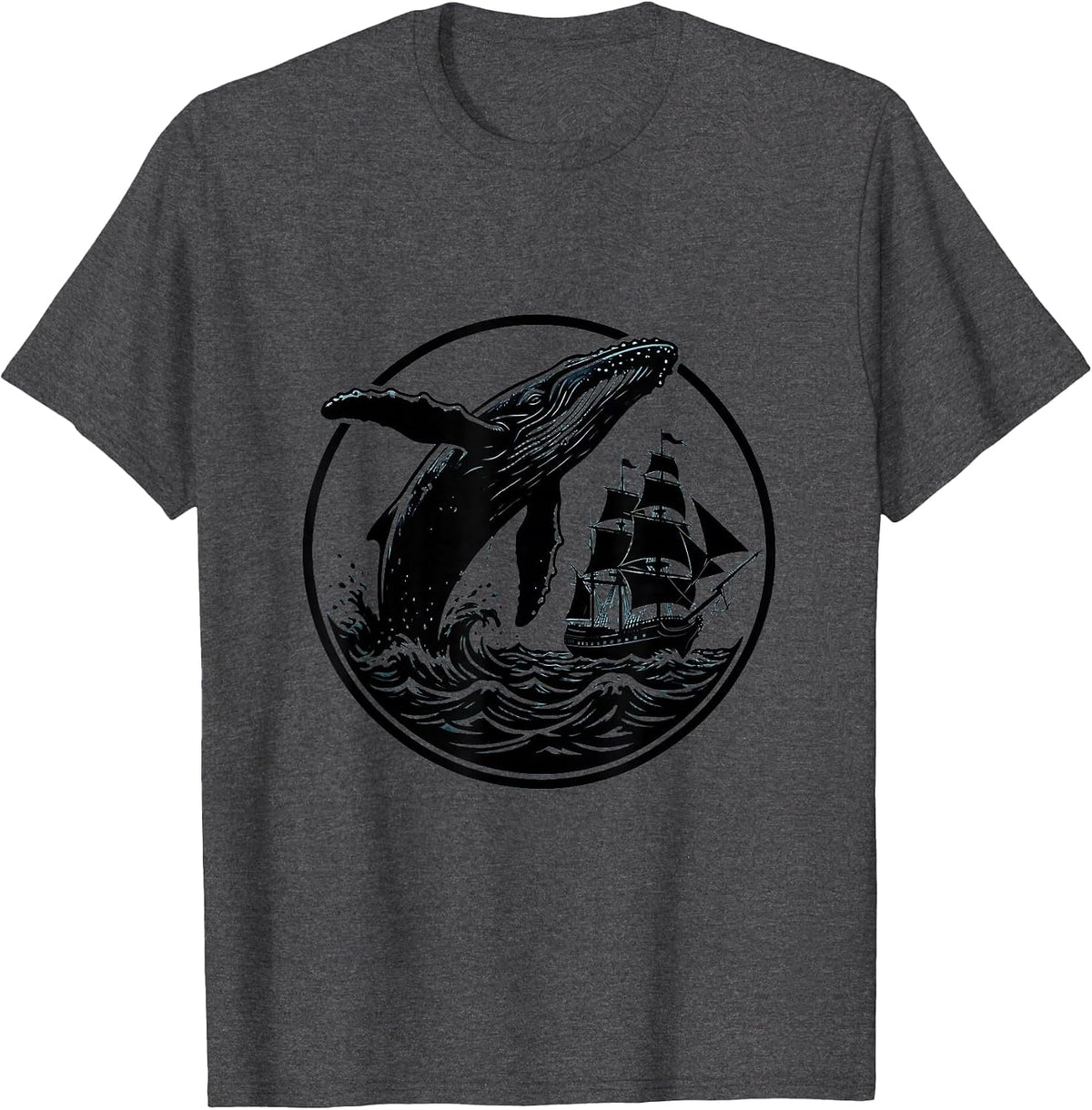 Whale Breaching Tall Sailing Ship Navy Graphic T-Shirt - Dark Heather Grey