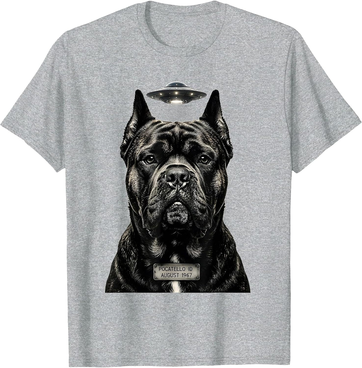Men's Pocatello ID August 1967 Funny Cane Corso UFO Selfie T-Shirt - Heather Grey