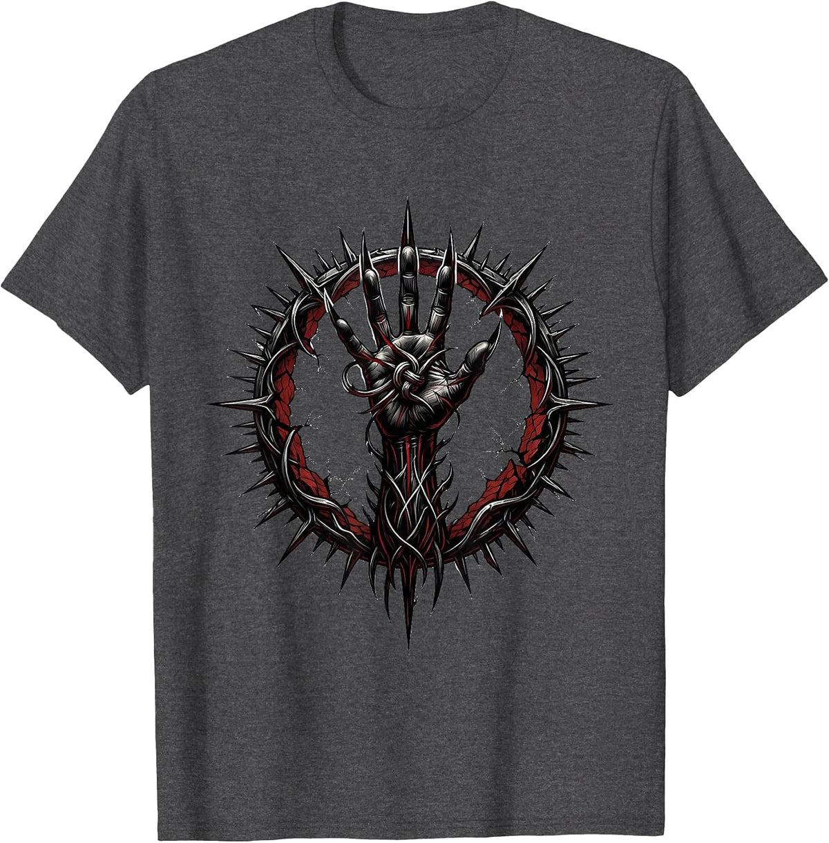 Demon Hand Emerging From Cracked Earth Rock Graphic T-Shirt - Dark Heather Grey