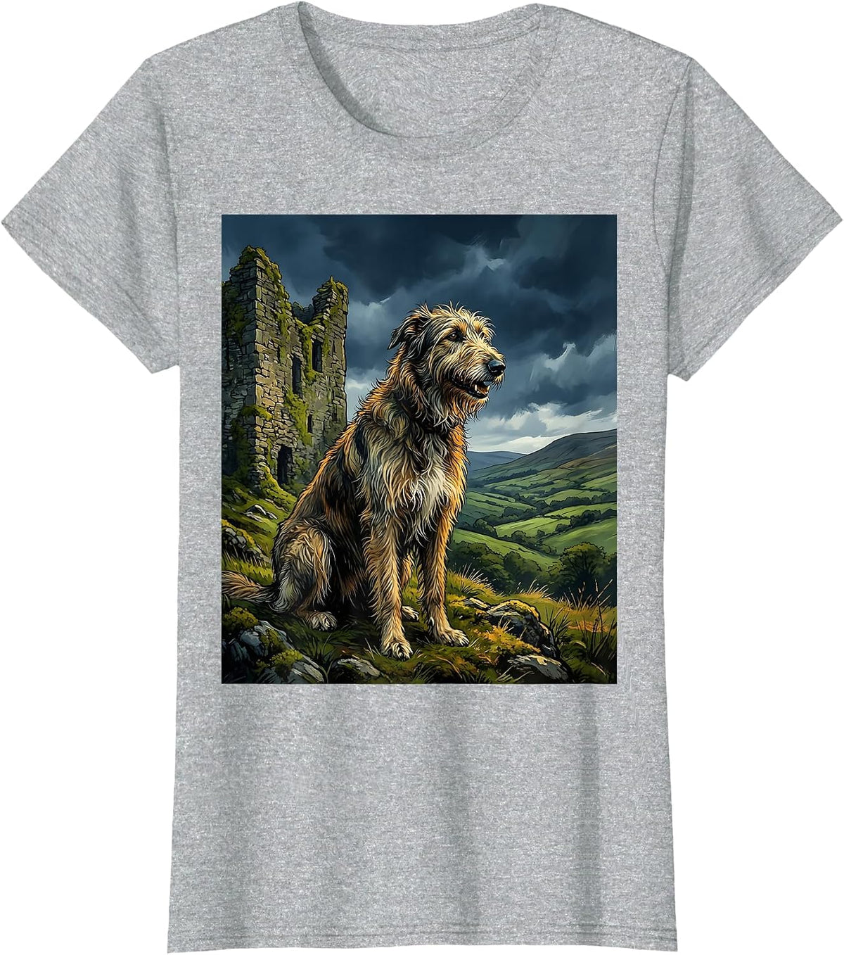 Irish Wolfhound and Castle Ruins Illustration T-Shirt - Heather Grey