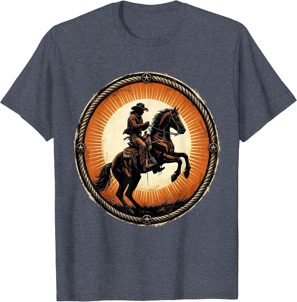 Cowboy on Rearing Horse at Dusk Illustration T-Shirt - Heather Blue