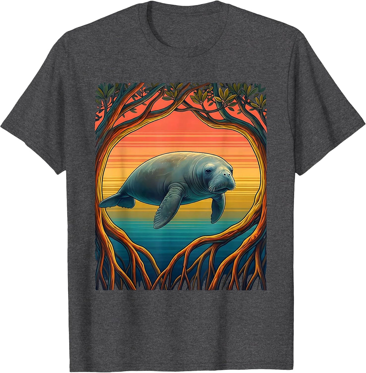 Puerto Rico Manatee Mangrove Roots Illustration T-Shirt - Dark Heather Grey