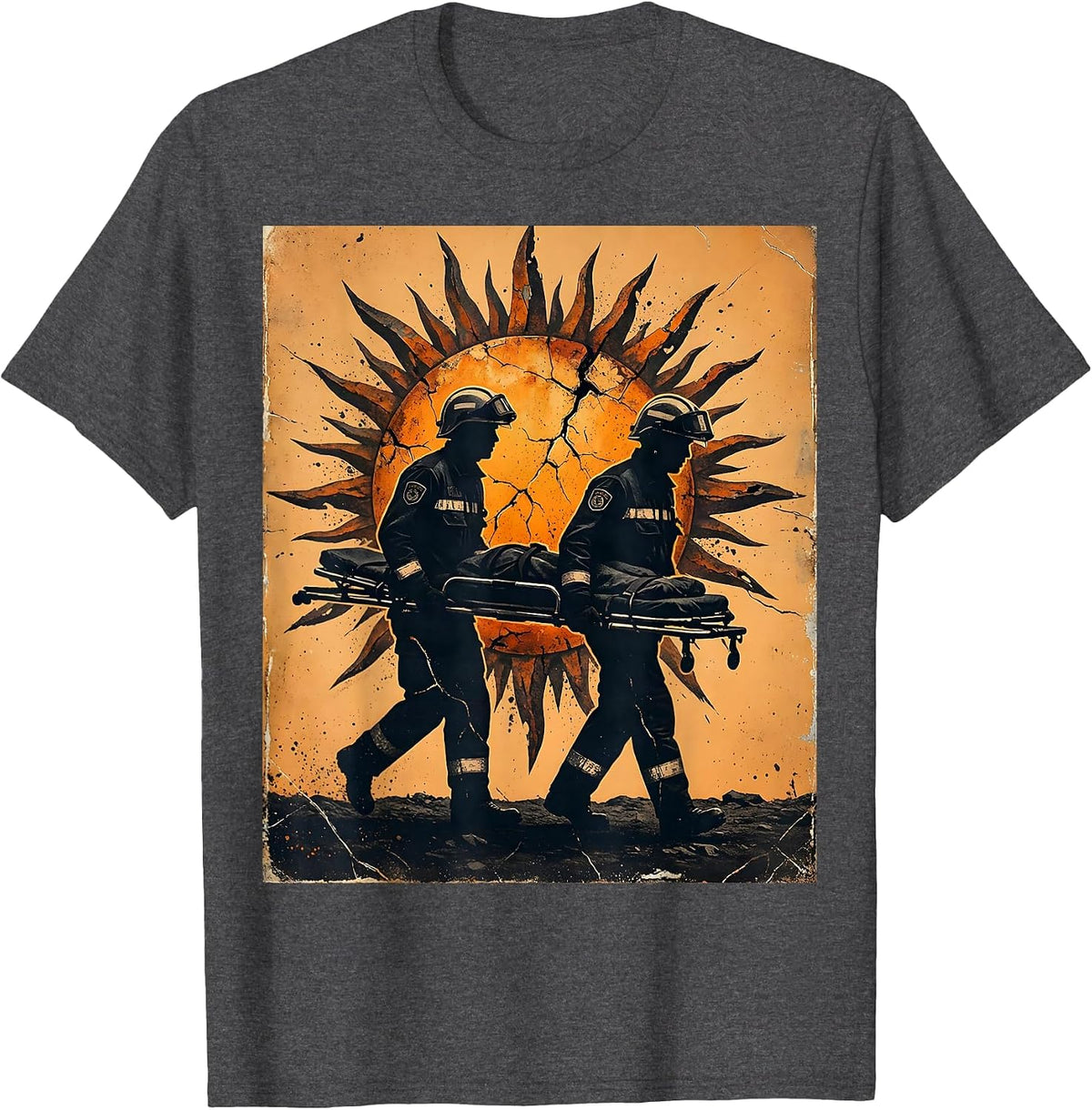 Men's EMT Paramedic Silhouette Sunset Stretcher Design T-Shirt - Dark Heather Grey