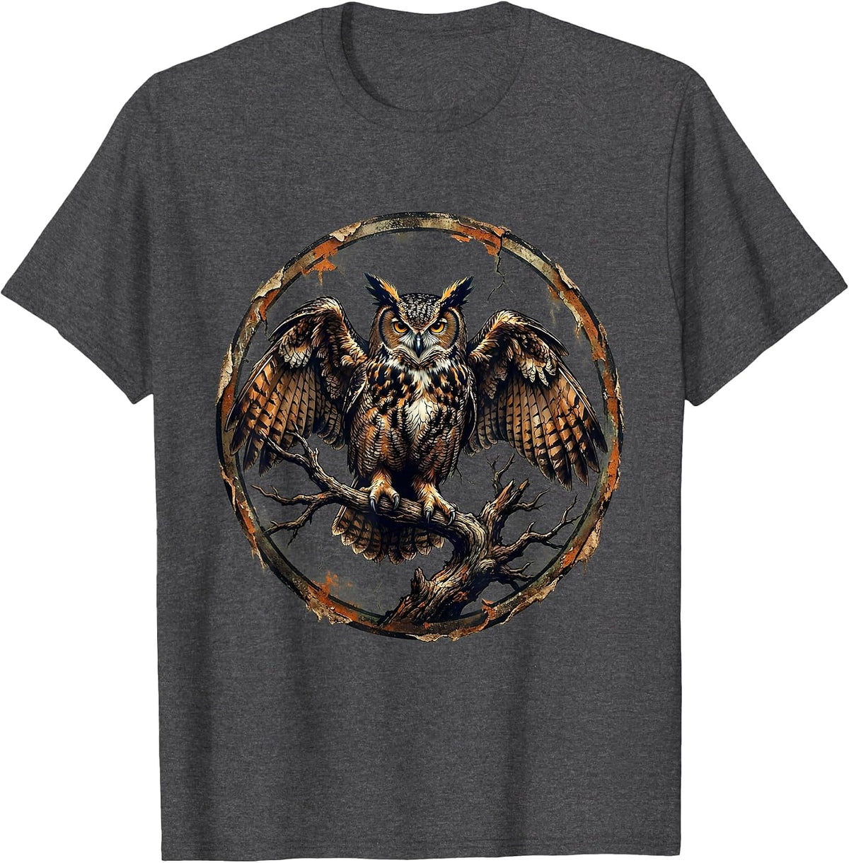 Men's Great Horned Owl Bottomland Camo Hunting Design T-Shirt - Dark Heather Grey