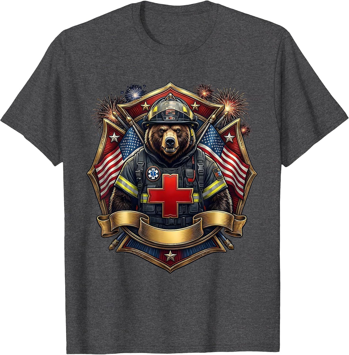 Bear Paramedic EMT Rescue Hero Graphic Design T-Shirt - Dark Heather Grey