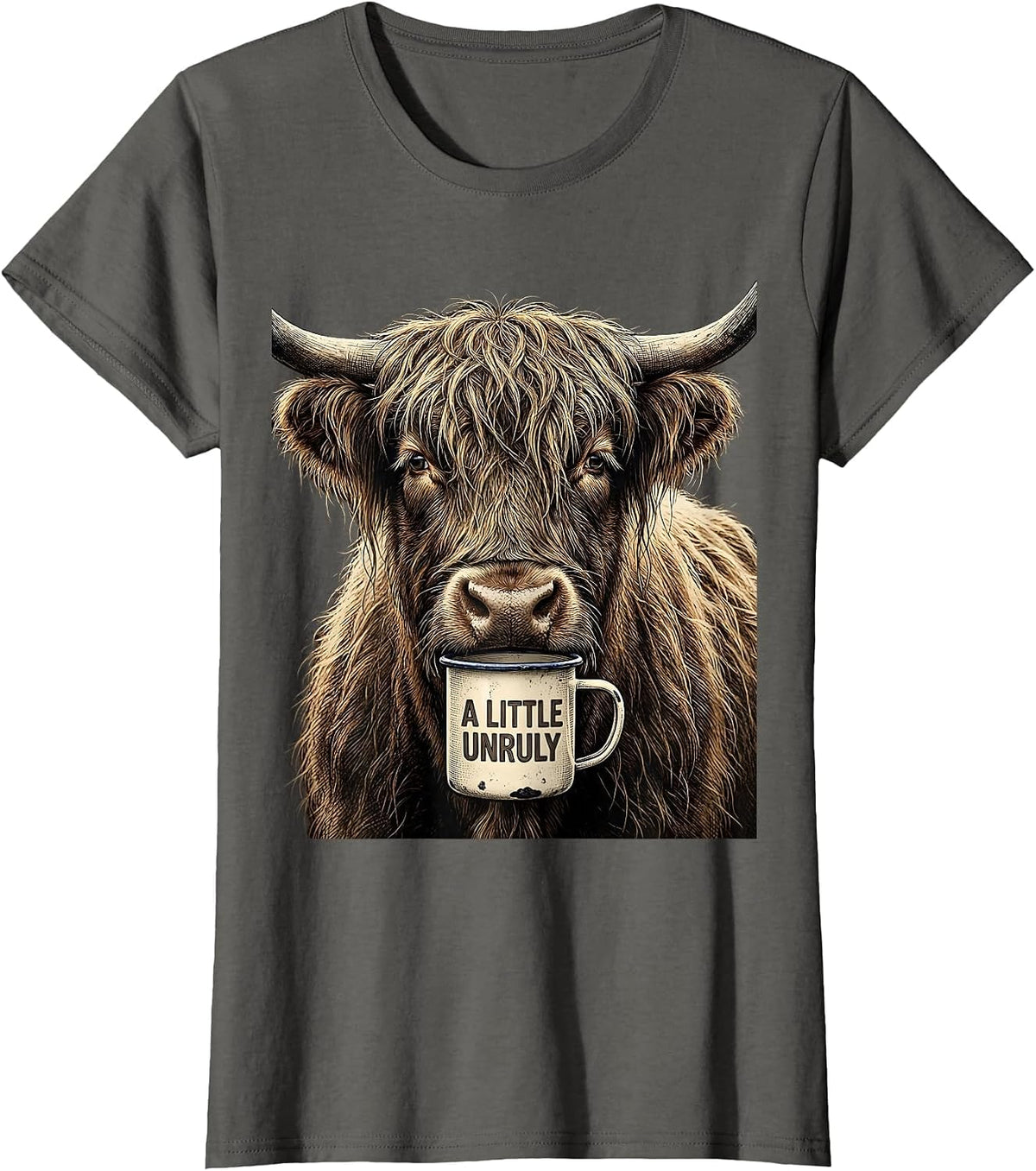 Women's A Little Unruly Funny Highland Cow Coffee Lover Novelty T-Shirt - Asphalt Grey