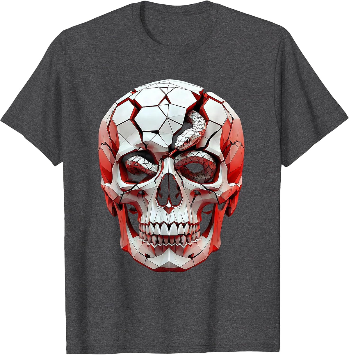 Cracked Skull Snake Coil Dark Gothic Art Design T-Shirt - Dark Heather Grey