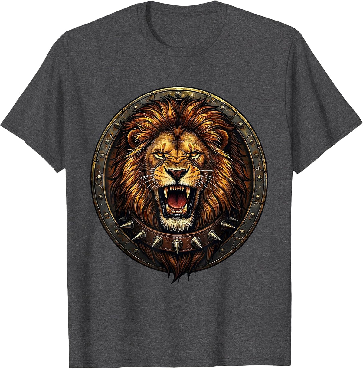 Roaring Lion Spiked Collar Rock Band Graphic T-Shirt - Dark Heather Grey