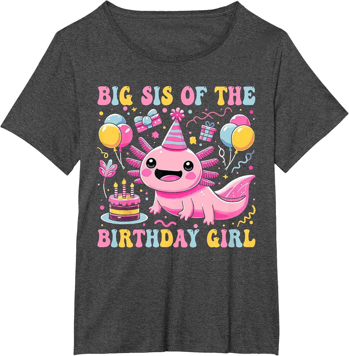 Big Sister of the Birthday Axolotl Girl Matching Family T-Shirt - Dark Heather Grey