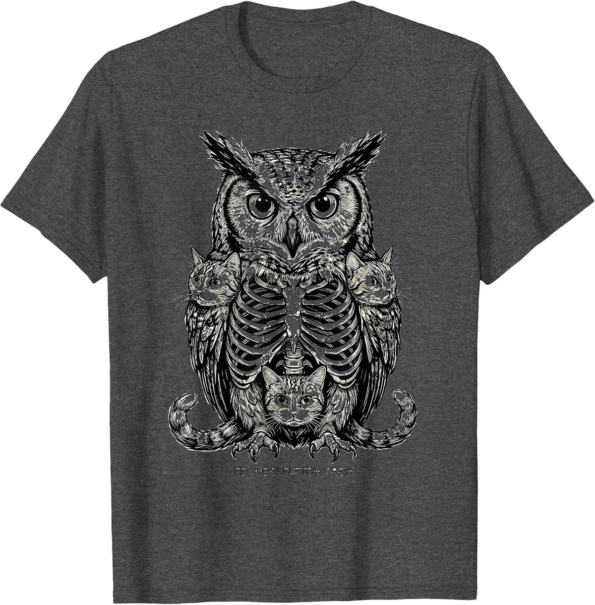 Feline Skeleton Crew Funny Halloween Cat Lover Humor T-Shirt - Dark Heather Grey