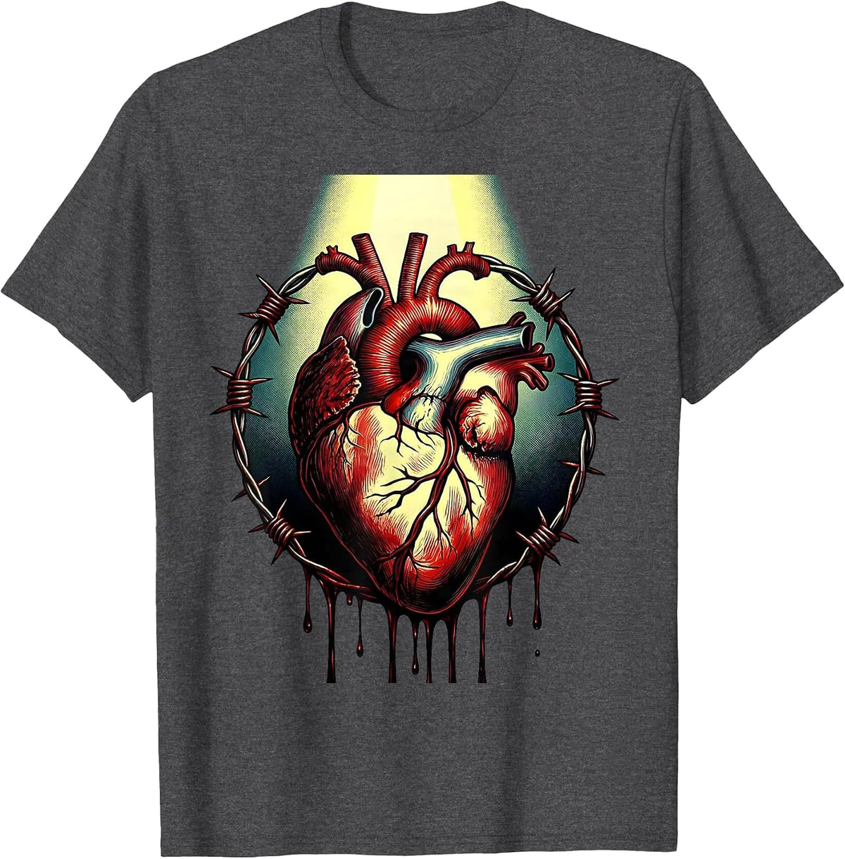 Bloody Dripping Heart Wrapped in Barbed Wire T-Shirt - Dark Heather Grey